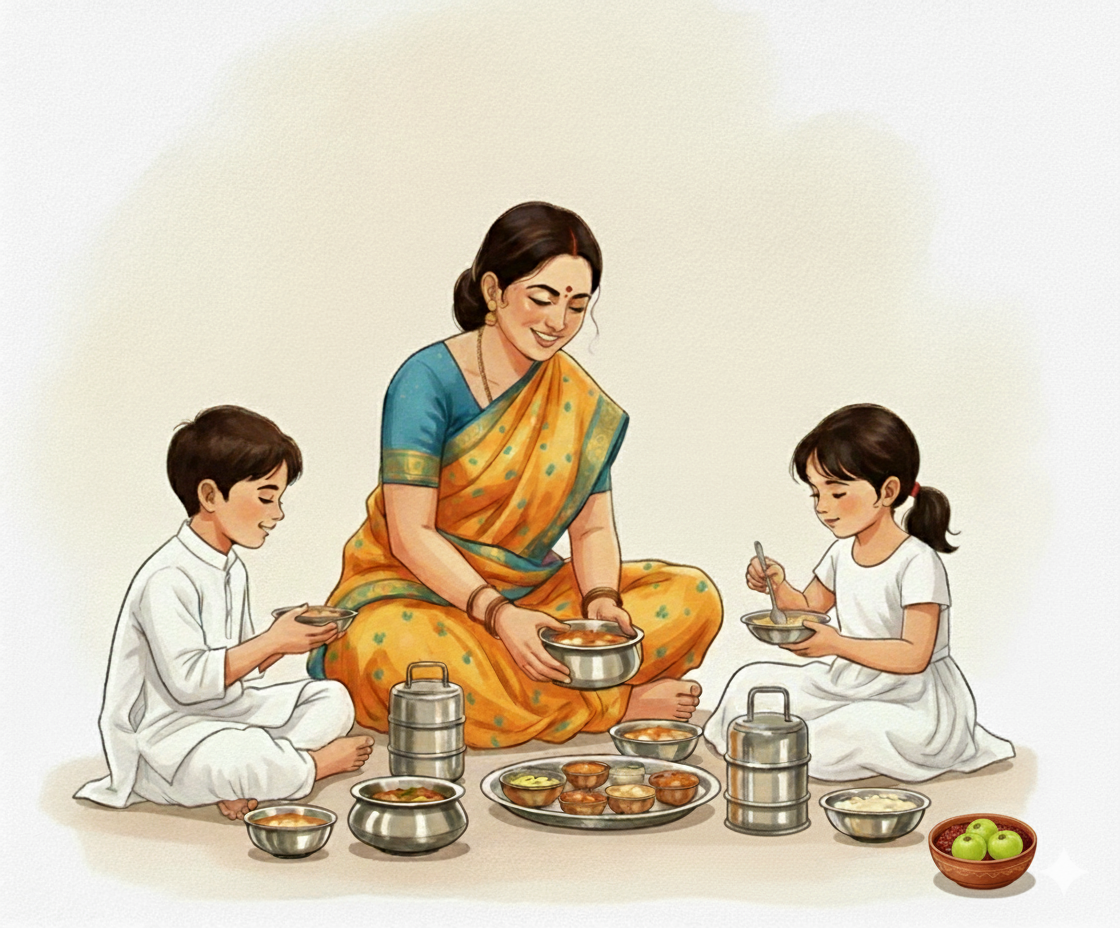 Generations sharing traditional Indian meals and recipes